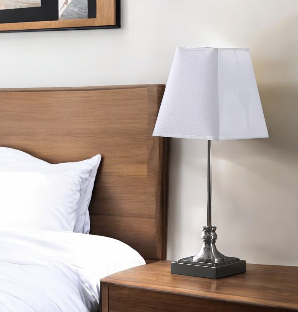 19" Silver Bedside Table Lamp With White Empire Shade