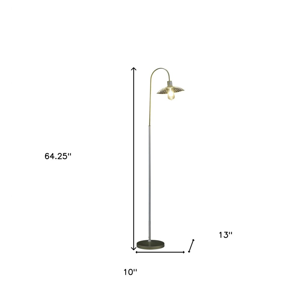 64" Gold And White Arched Floor Lamp With Gold Metal Cage Shade