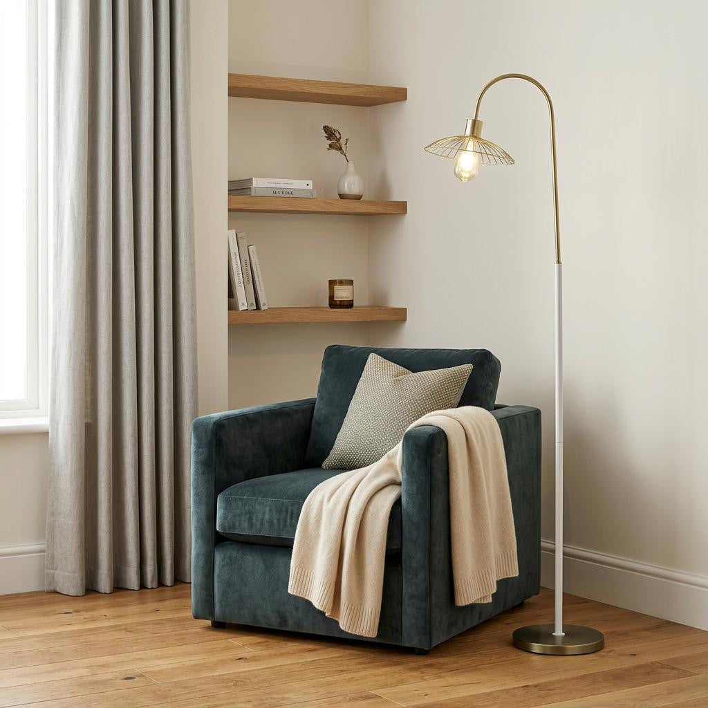 64" Gold And White Arched Floor Lamp With Gold Metal Cage Shade