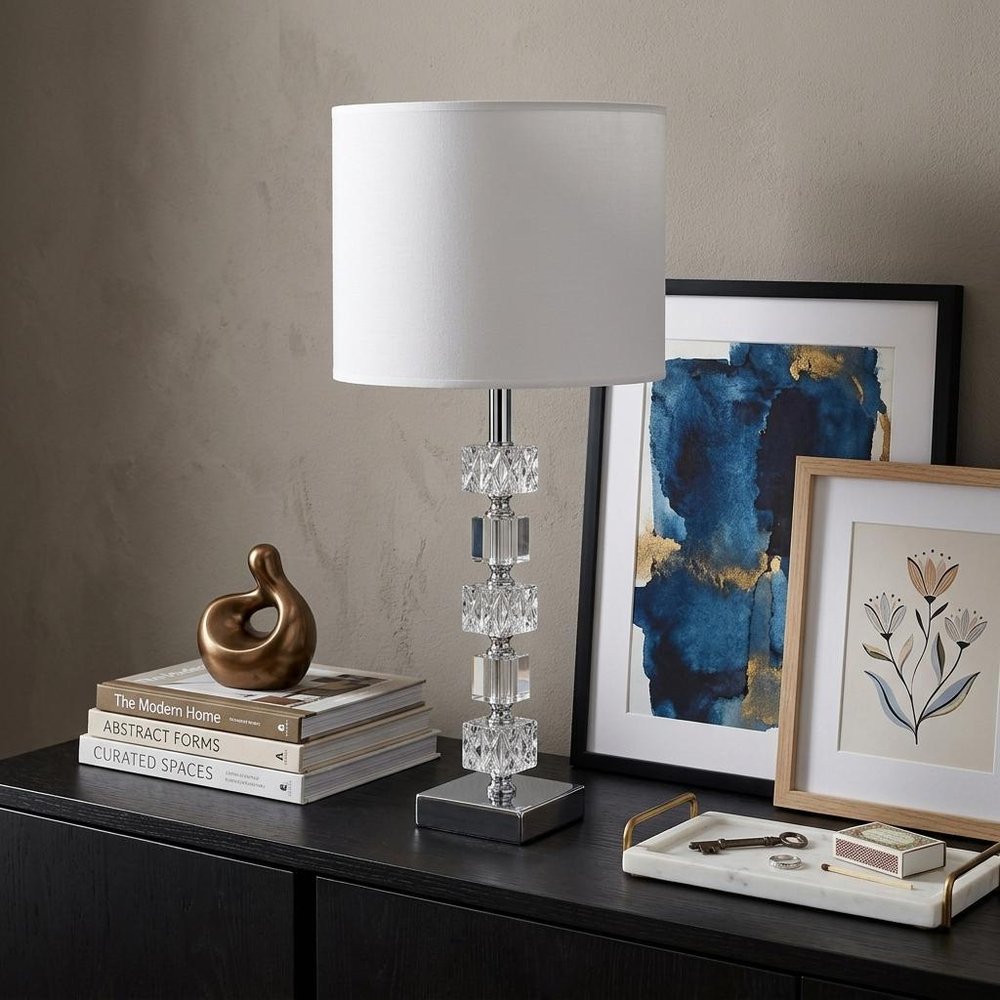 20" Silver Bedside Table Lamp With White Drum Shade