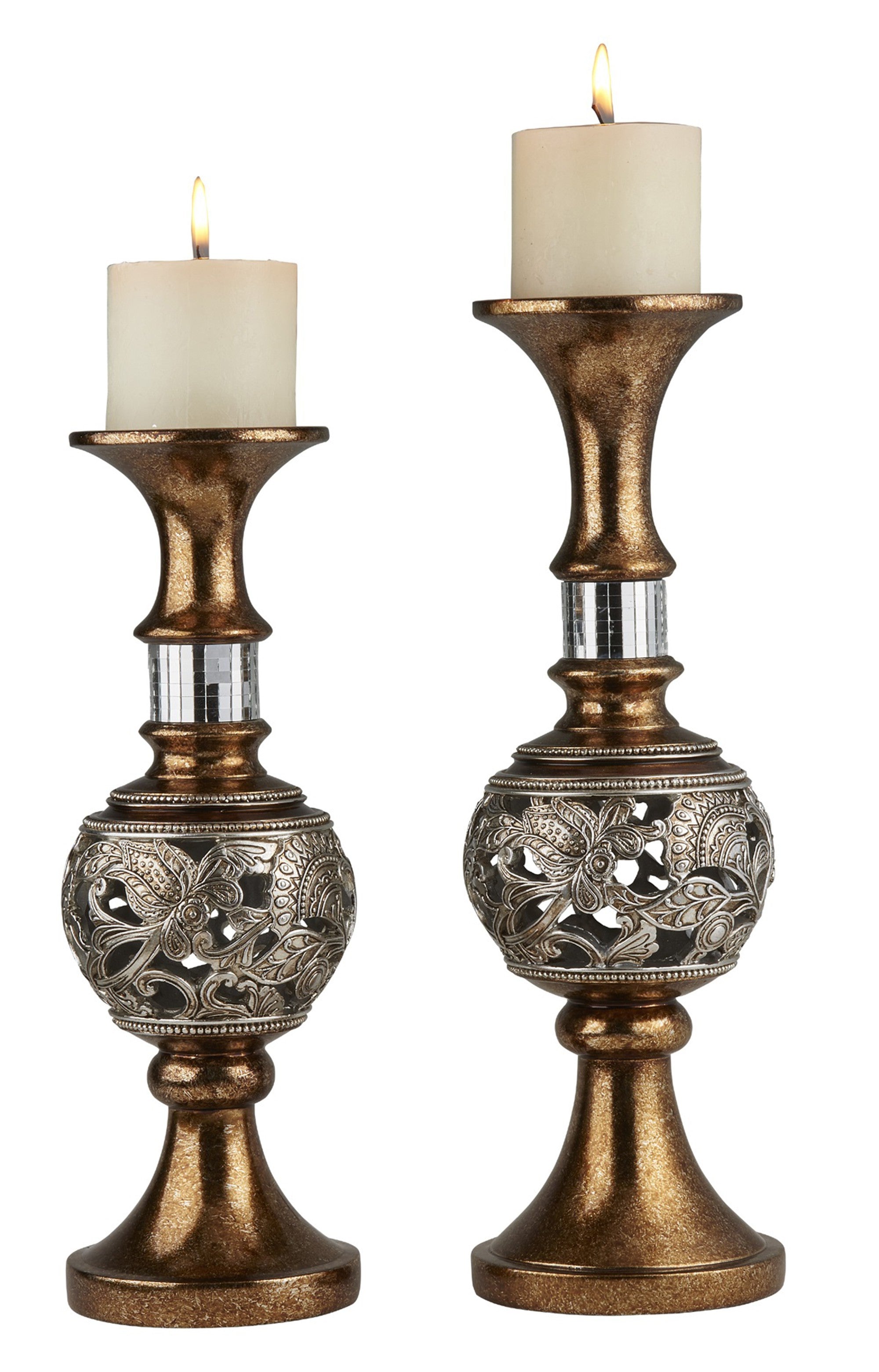 Set of Two Gold and Silver Polyresin Filigree Centerpiece Pillar Candle Holders With Candle