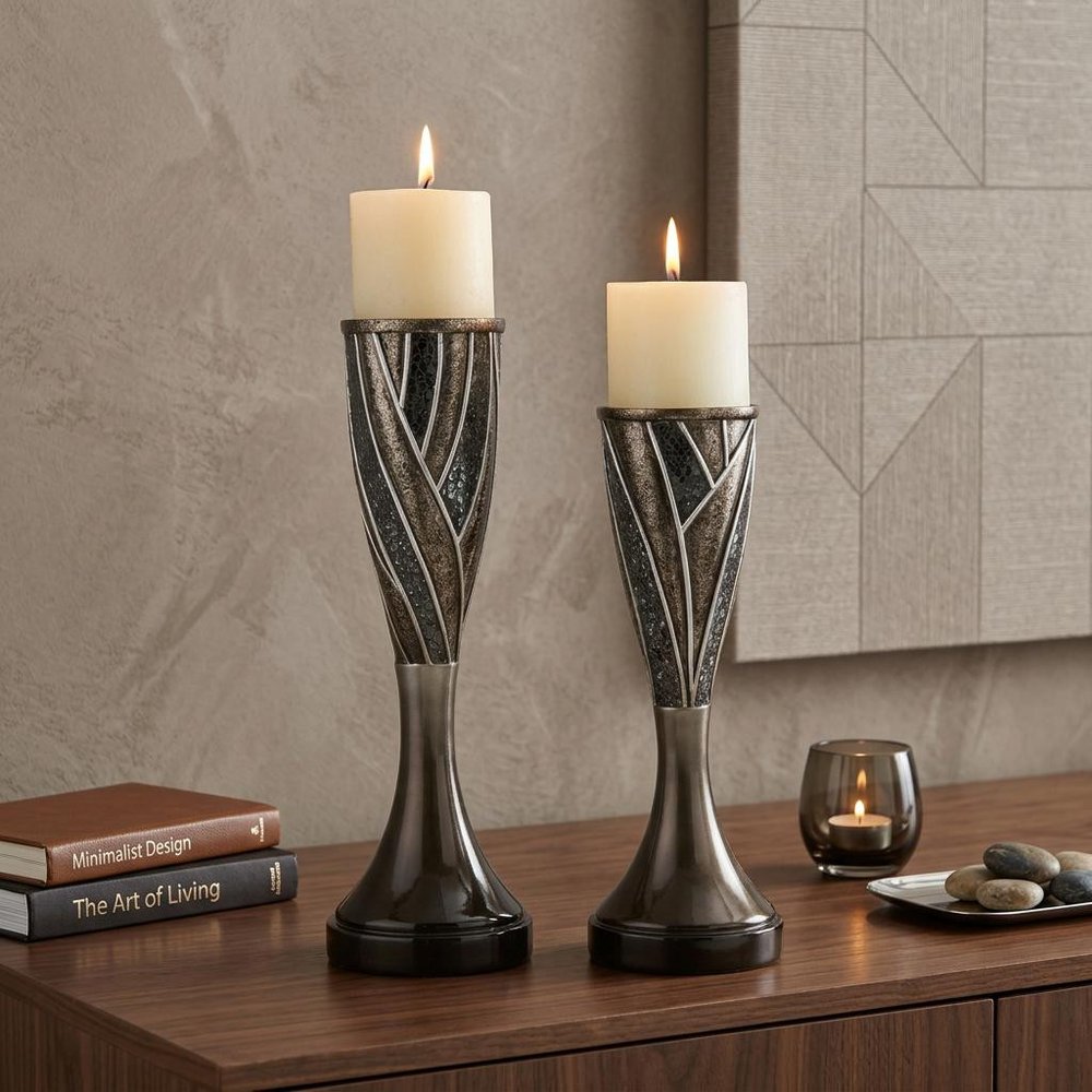 Set of Two Black Silver and Bronze Polyresin Abstract Centerpiece Pillar Candle Holders With Candle