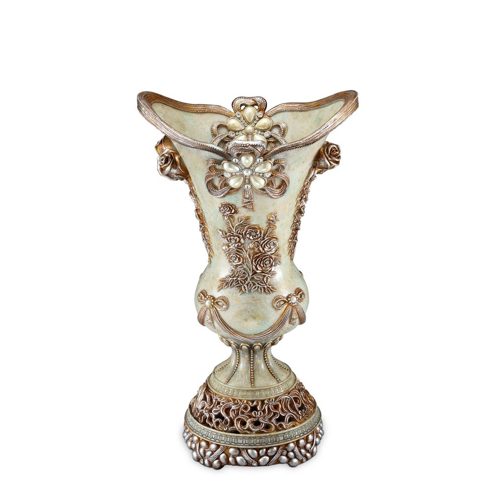 16" Green Bronze and Silver Floral Trumpet Polyresin Table Vase With Stones