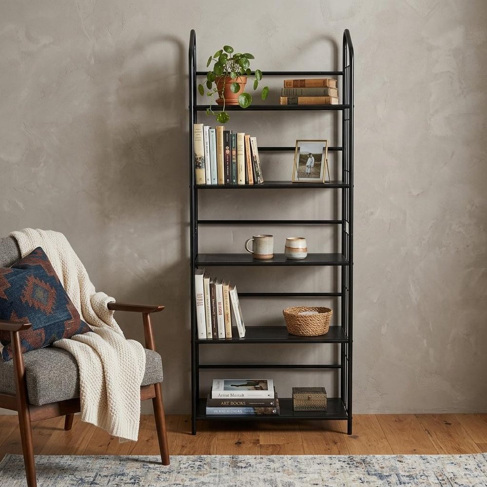 64" Black Metal Five Tier Bookcase