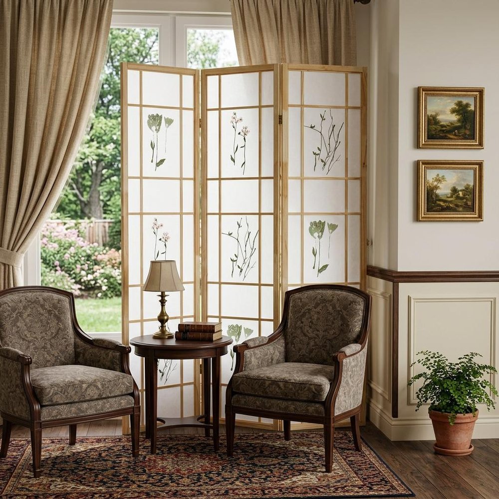 70" Brown And White Heavy Duty Rice Paper Folding Three Panel Screen Room Divider