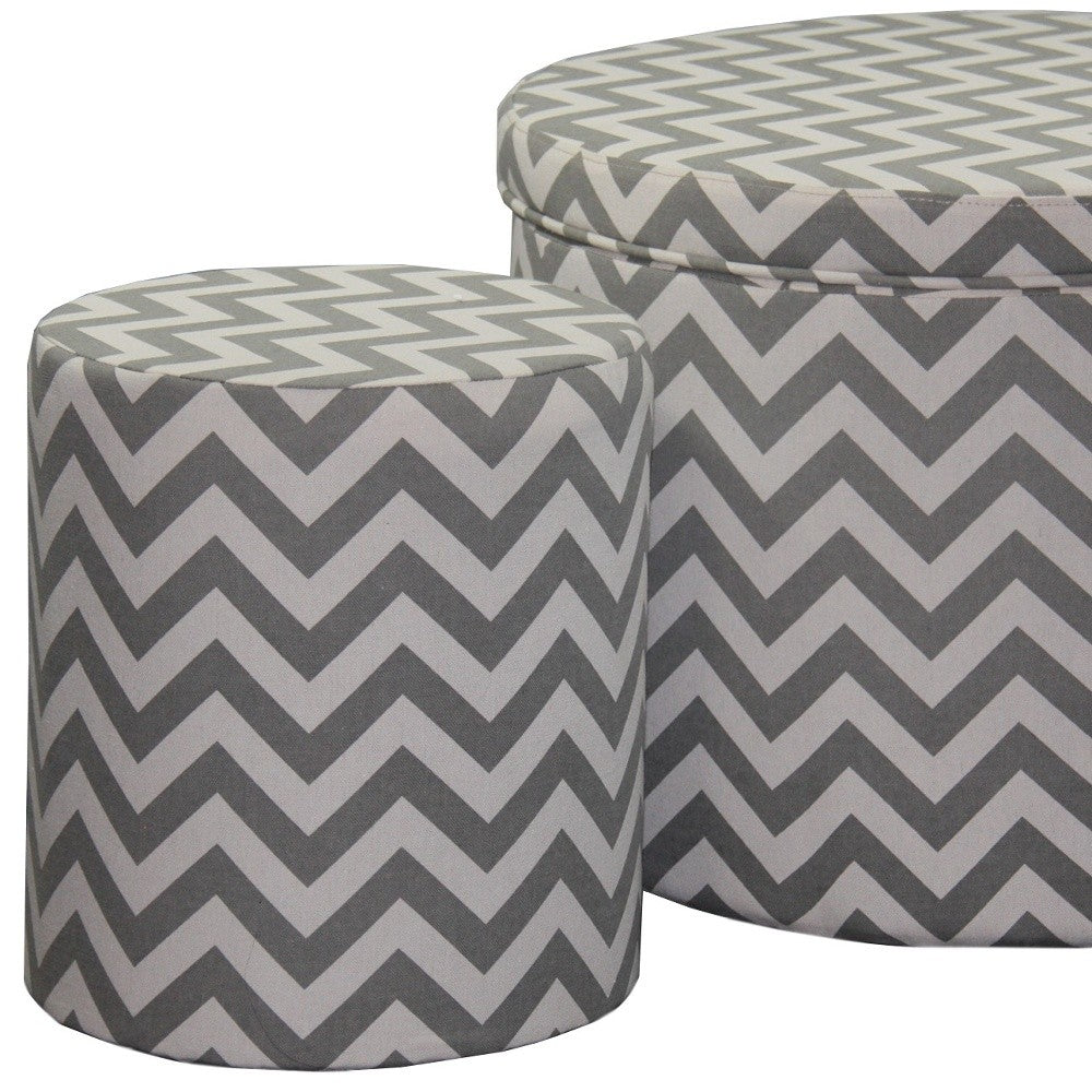 Set of Two Gray and White Polyester Blend Round Geometric Footstool Ottoman