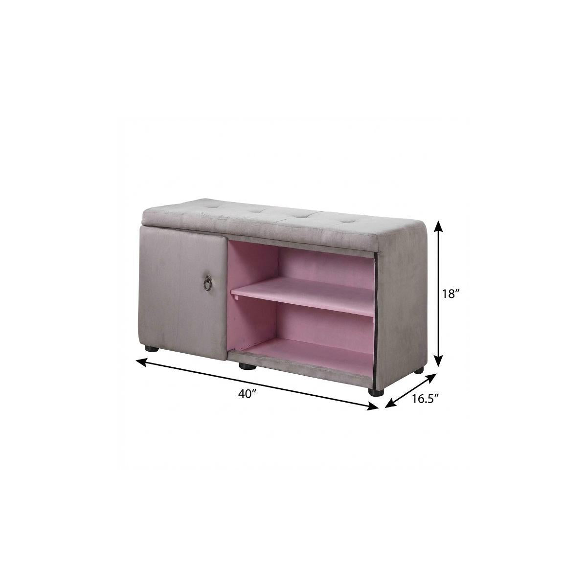 Light Gray and Pink Tufted Shoe Storage Bench