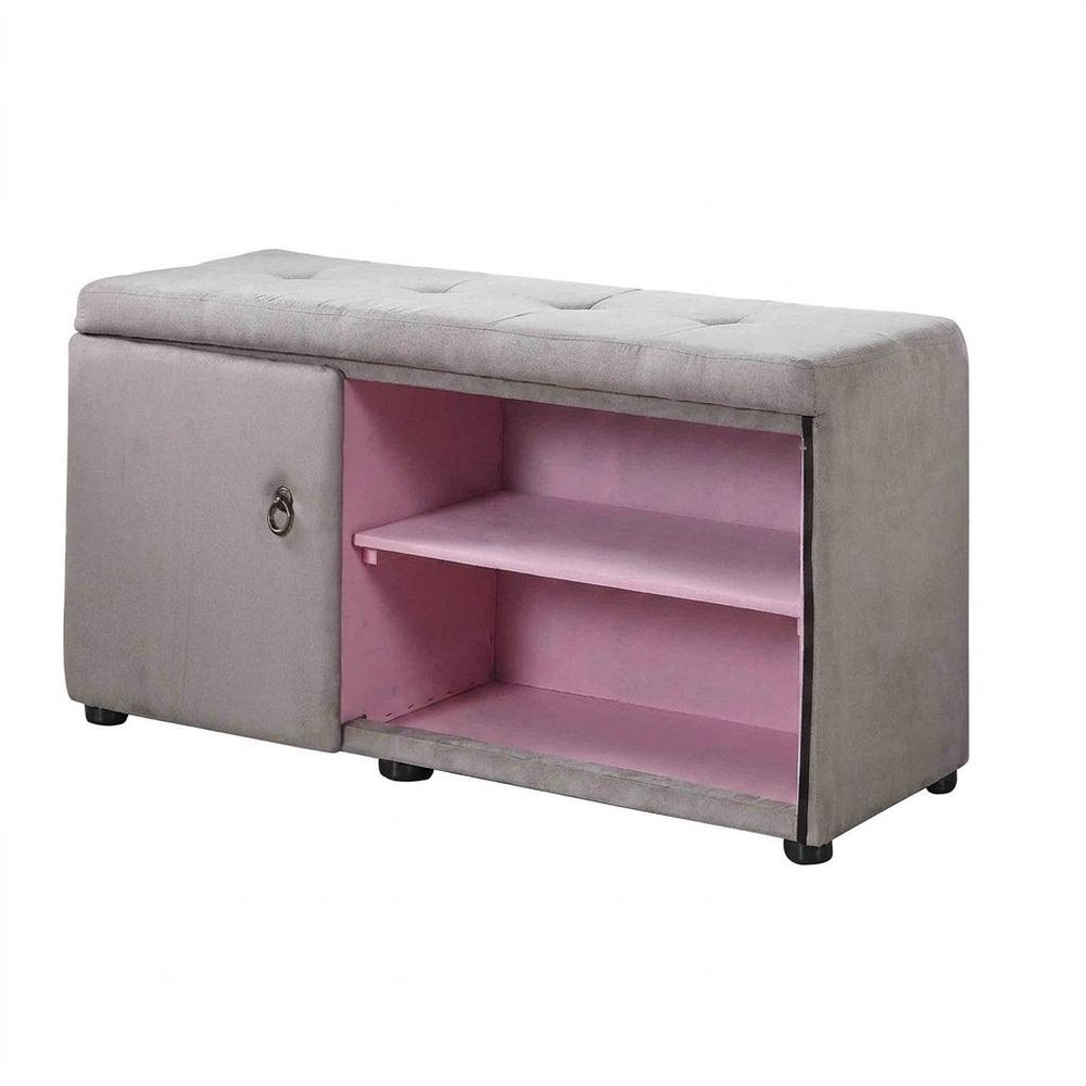 Light Gray and Pink Tufted Shoe Storage Bench