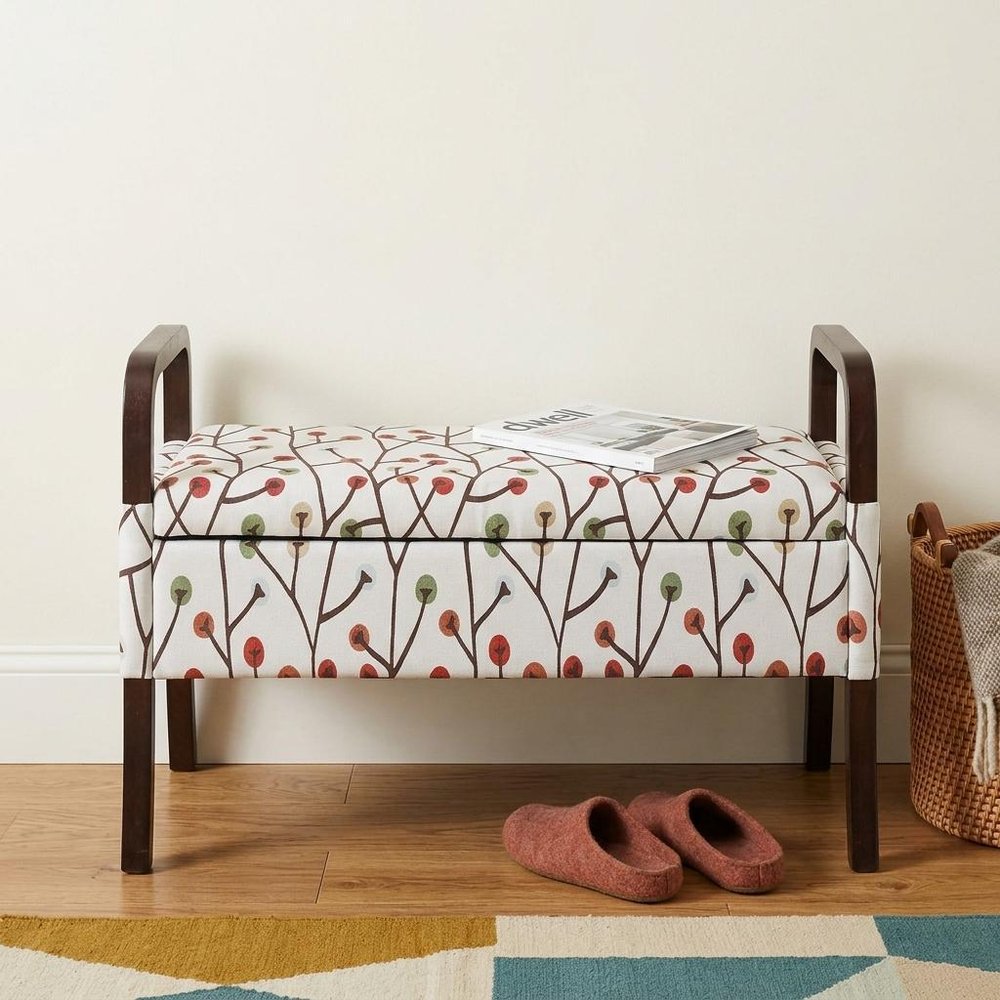 17" Dark Brown And Blue Upholstered 100% Polyester Floral Entryway Bench With Flip Top