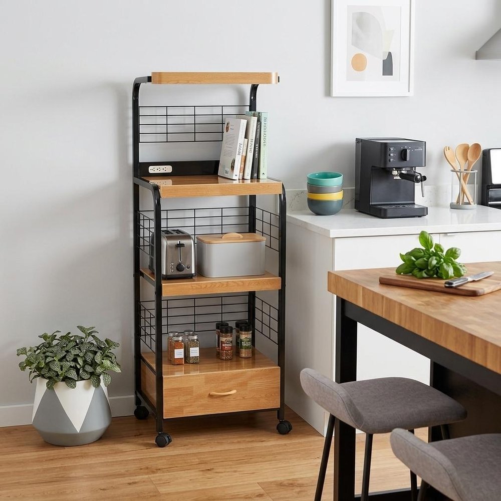 Black and Natural 26" Rolling Kitchen Cart With Storage