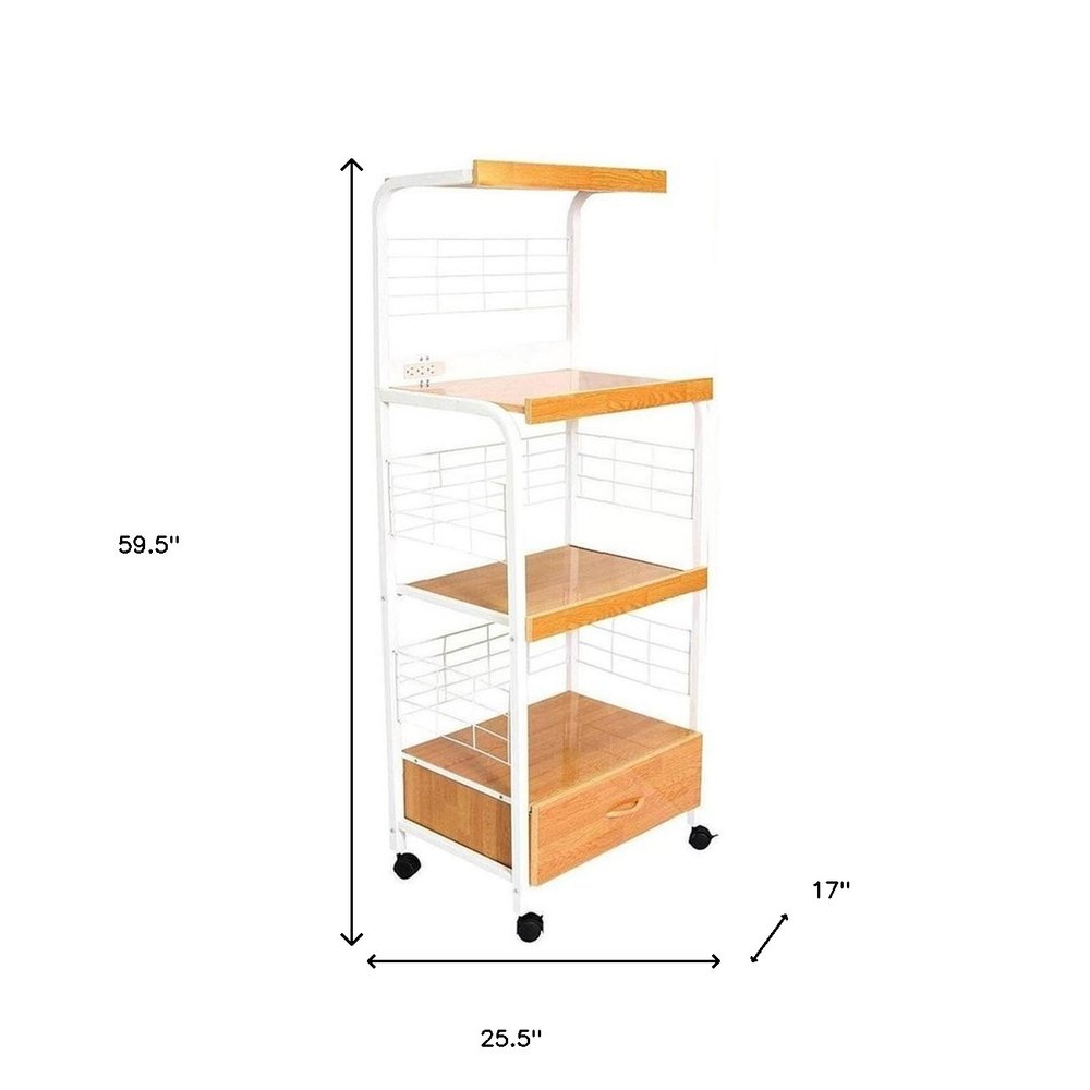 White and Natural 26" Rolling Kitchen Cart With Storage