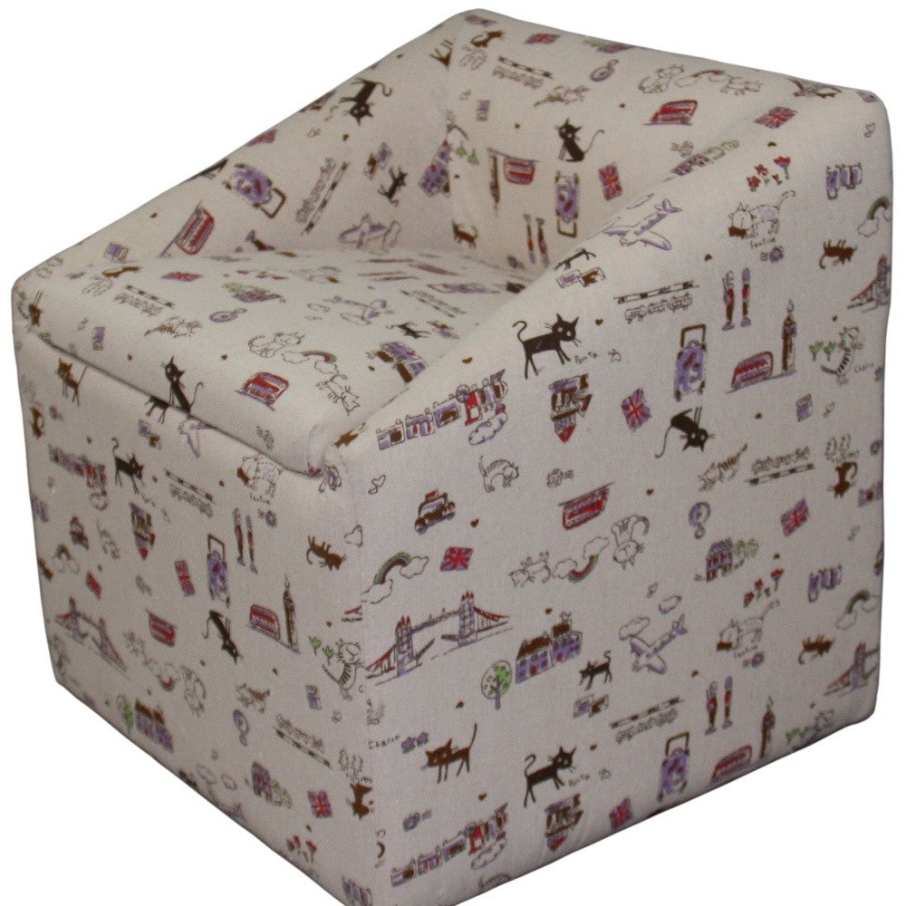 21" Modern Beige Whimsical Cats in London Cubed Accent Storage Chair