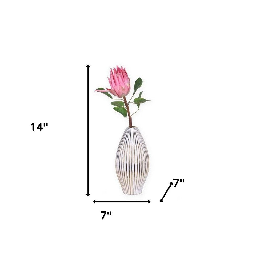 14" White and Gold Ceramic Striped Bud Vase
