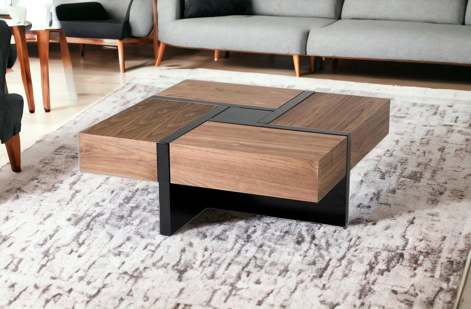 39" Brown and Black and Black Square Coffee Table with Four Drawers