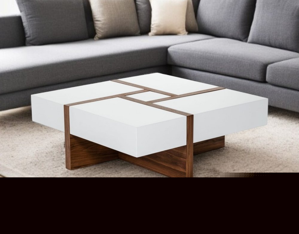 39" Brown and White Wood Square Solid Coffee Table With Four Drawers