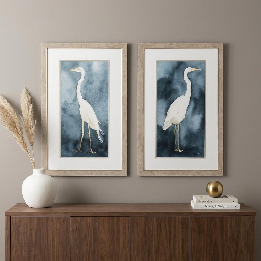 Set of Two Teal Blue Heron Framed Art