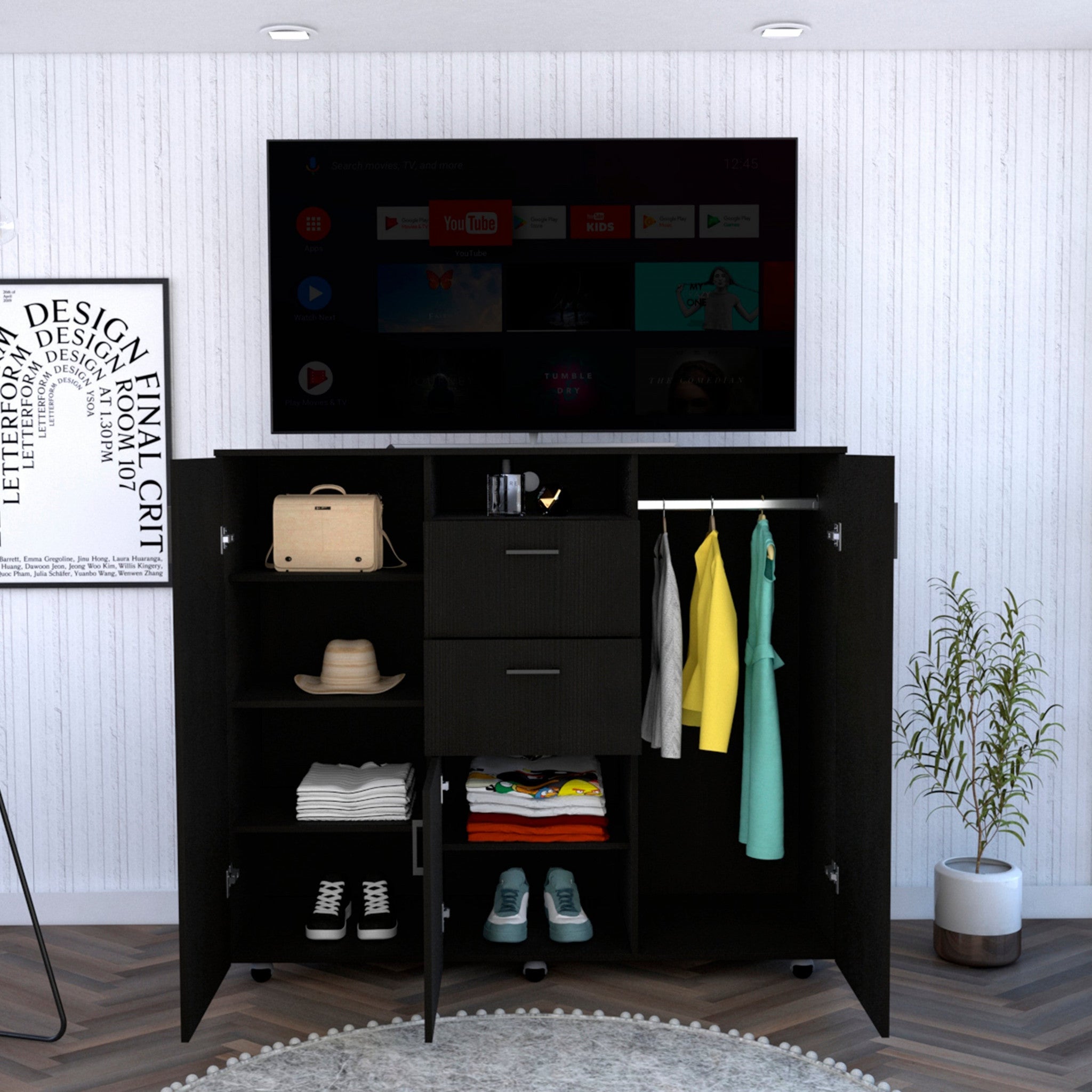 Black Three Door Closet with Two Drawers