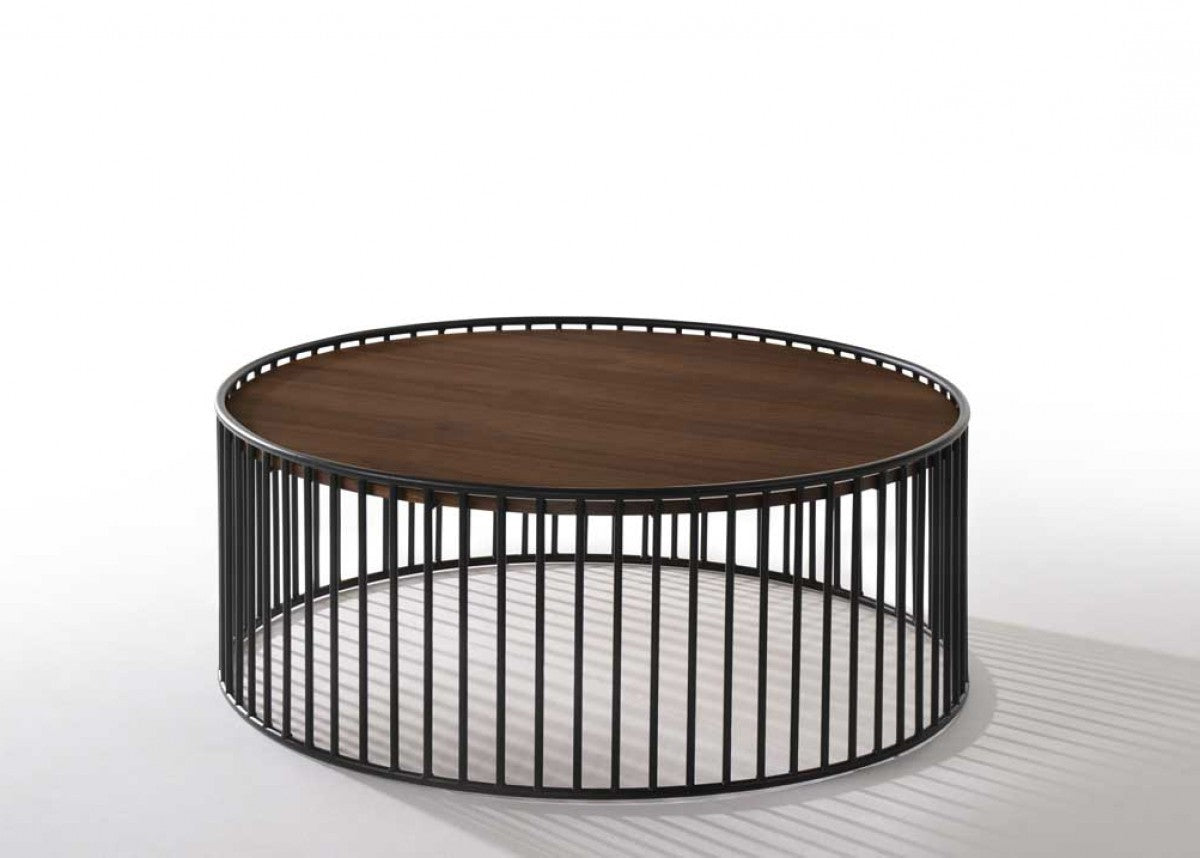 Modern Walnut and Black Metal Rods Round Coffee Table