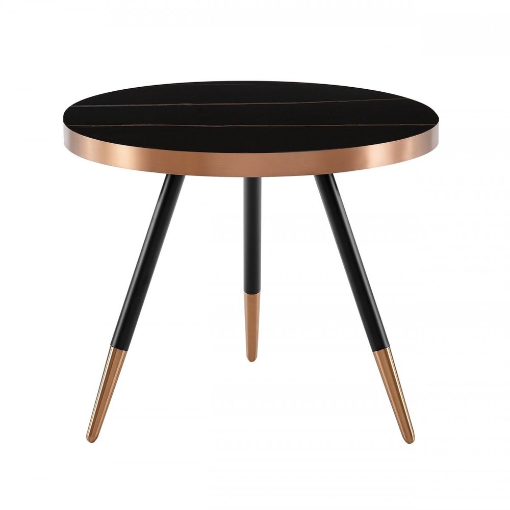 20" Black and Gold Faux Marble And Metal Round Coffee Table