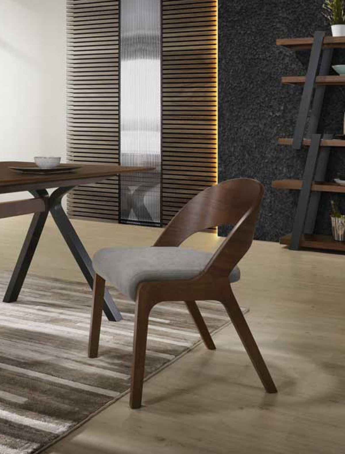 Set of Two Gray and Brown Upholstered Fabric Curved Back Dining Side Chairs