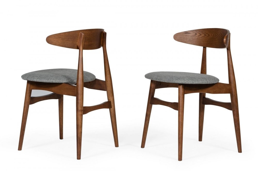 Set of Two Gray and Brown Upholstered Fabric Wishbone Back Dining Side Chairs