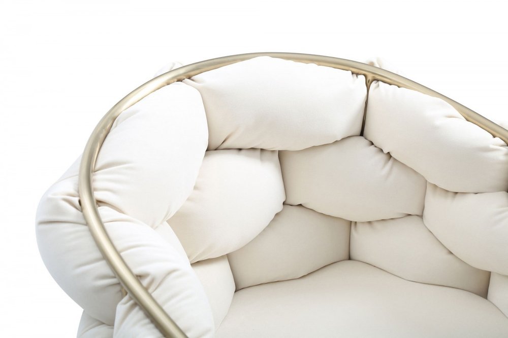 White and Brass Upholstered Fabric Dining Arm Chair