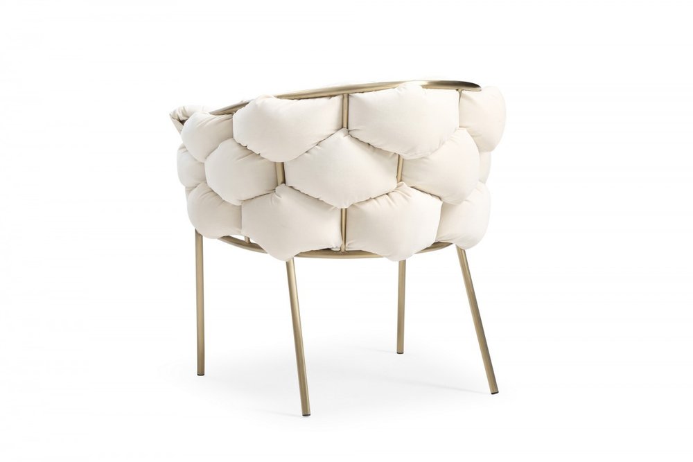 White and Brass Upholstered Fabric Dining Arm Chair