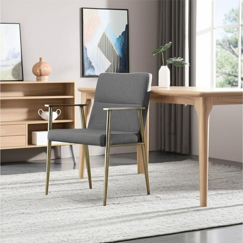 Gray and Antiqued Brass Upholstered Fabric Dining Arm Chair
