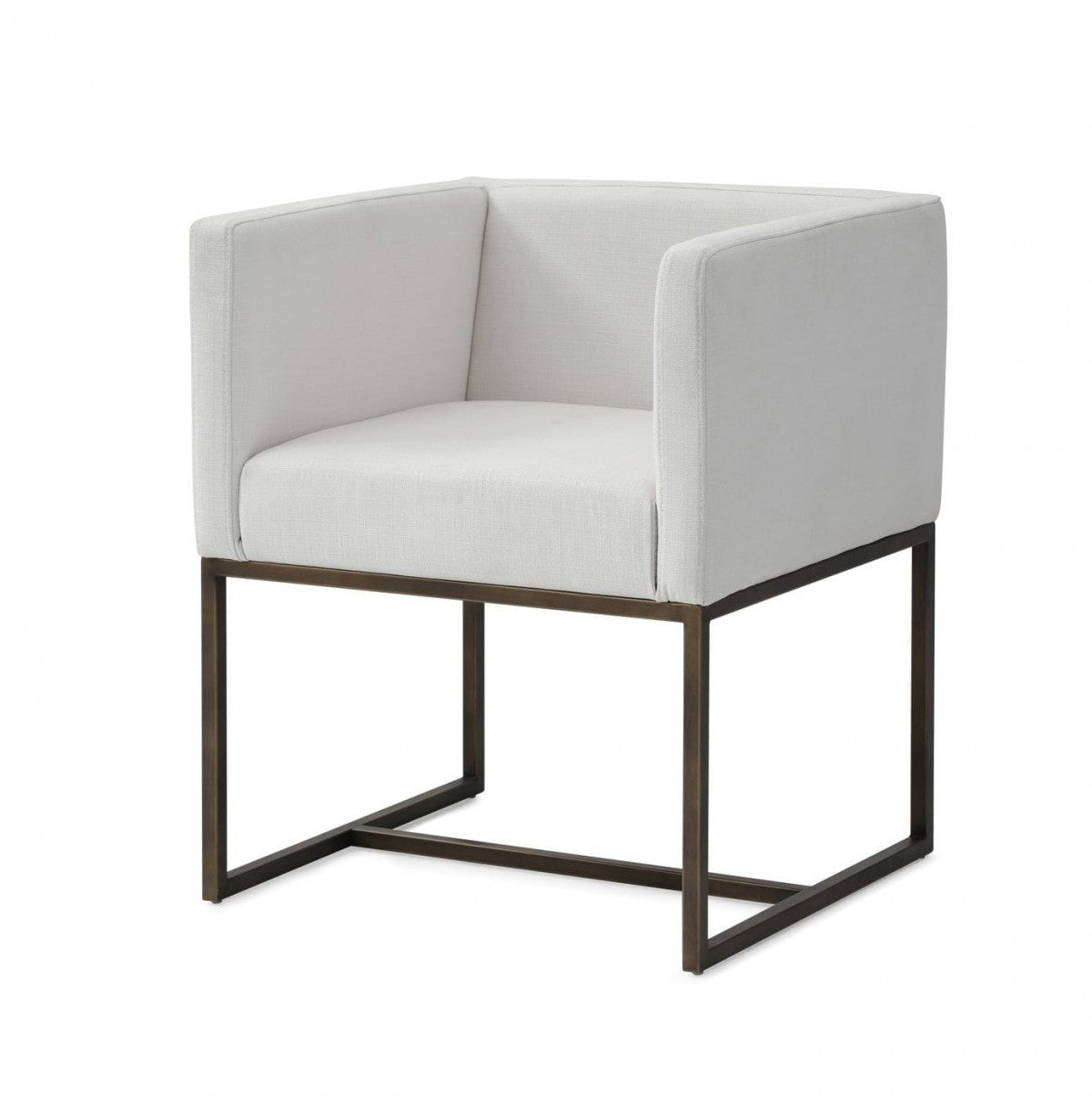 Off White and Antiqued Brass Upholstered Fabric Dining Arm Chair