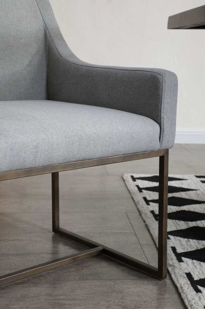 Gray and Antiqued Brass Upholstered Fabric Dining Arm Chair