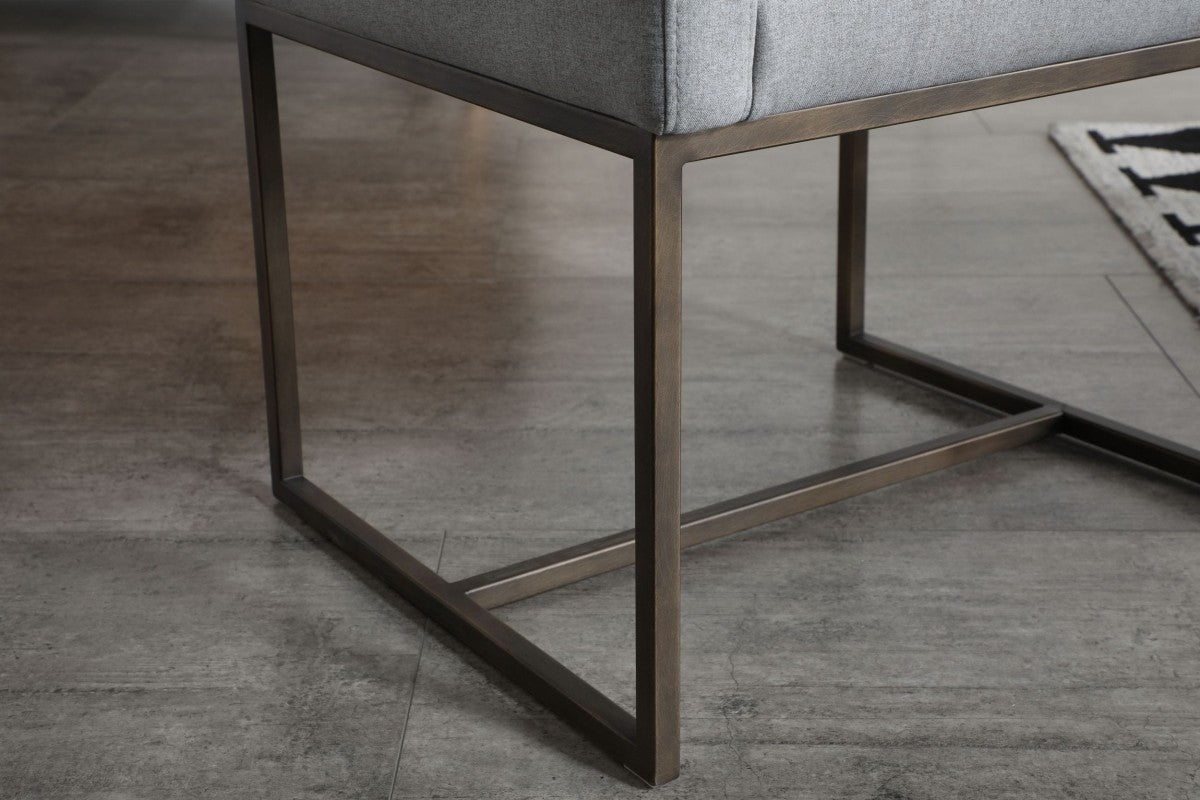 Gray and Antiqued Brass Upholstered Fabric Dining Arm Chair