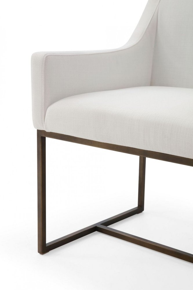 White and Brass Upholstered Fabric Dining Arm Chair