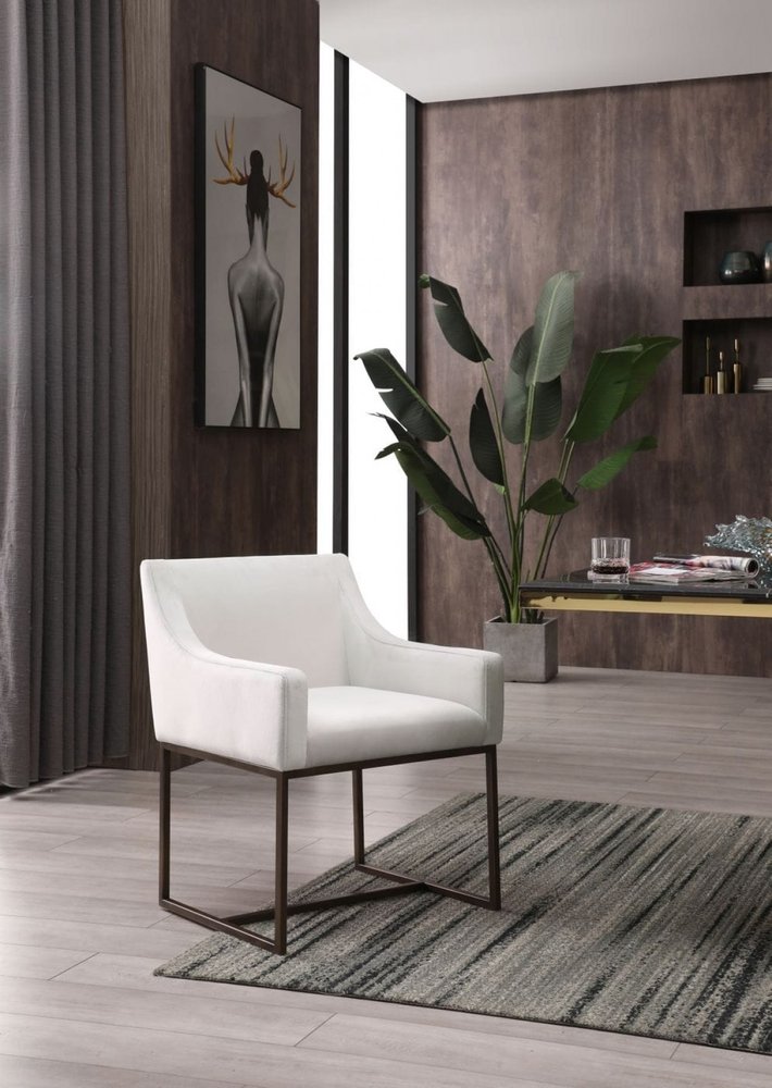 Beige and Antiqued Brass Upholstered Fabric Dining Arm Chair