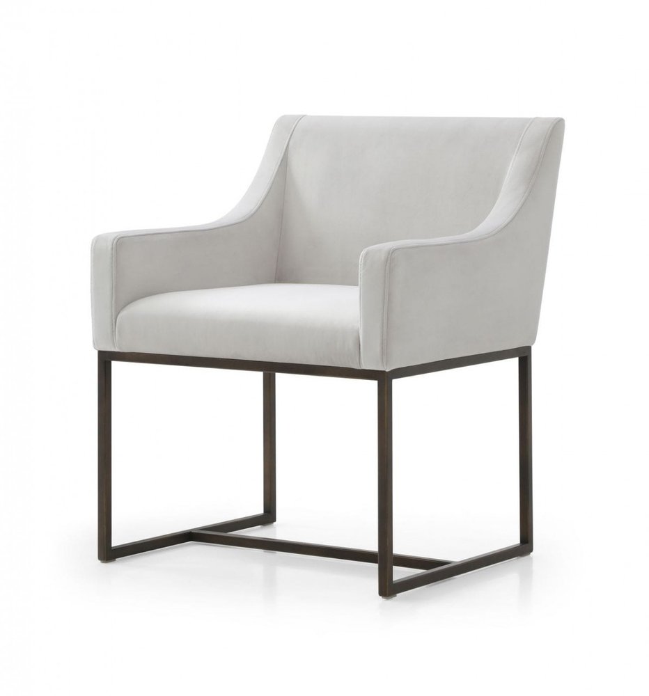 Beige and Antiqued Brass Upholstered Fabric Dining Arm Chair