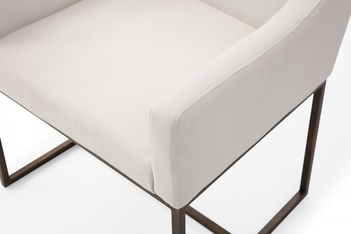 Beige and Antiqued Brass Upholstered Fabric Dining Arm Chair