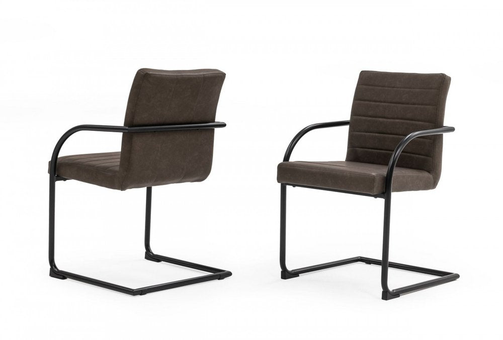 Set of Two Brown and Black Upholstered Faux Leather Dining Arm Chairs