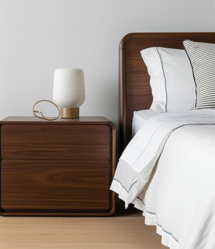 Modern Walnut Brown Nightstand with Two Drawers