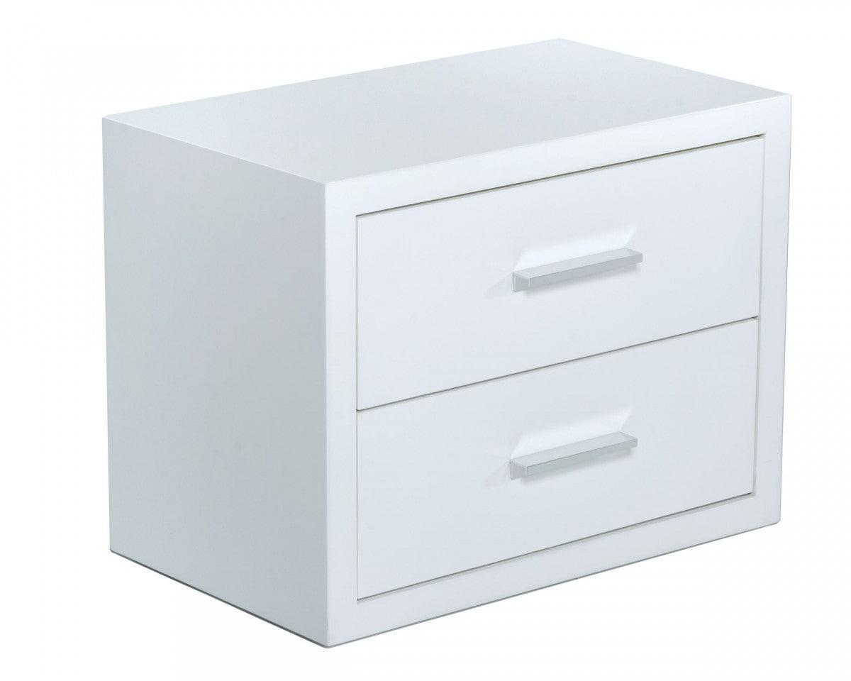 Modern Glossy White Box Nightstand with Two Drawers