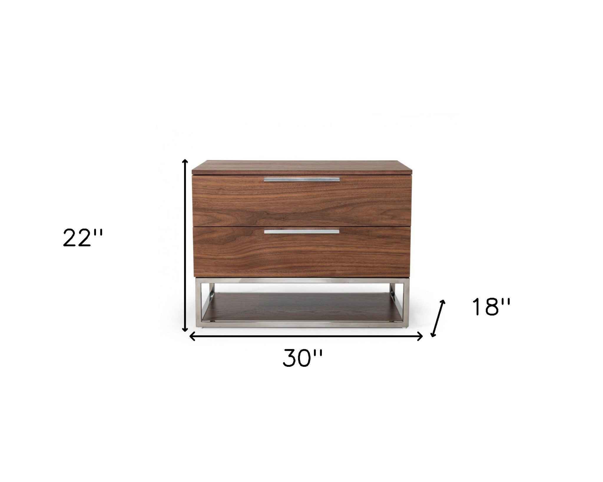 Contemporary Walnut and Stainless Steel Nightstand with Two Drawers