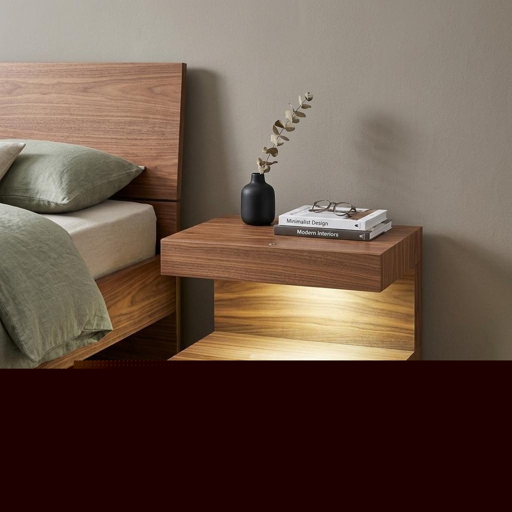 Contemporary LED Lit Walnut Nightstand with One Drawer