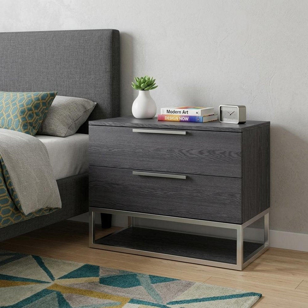 22" Gray Two Drawers Solid Wood Nightstand