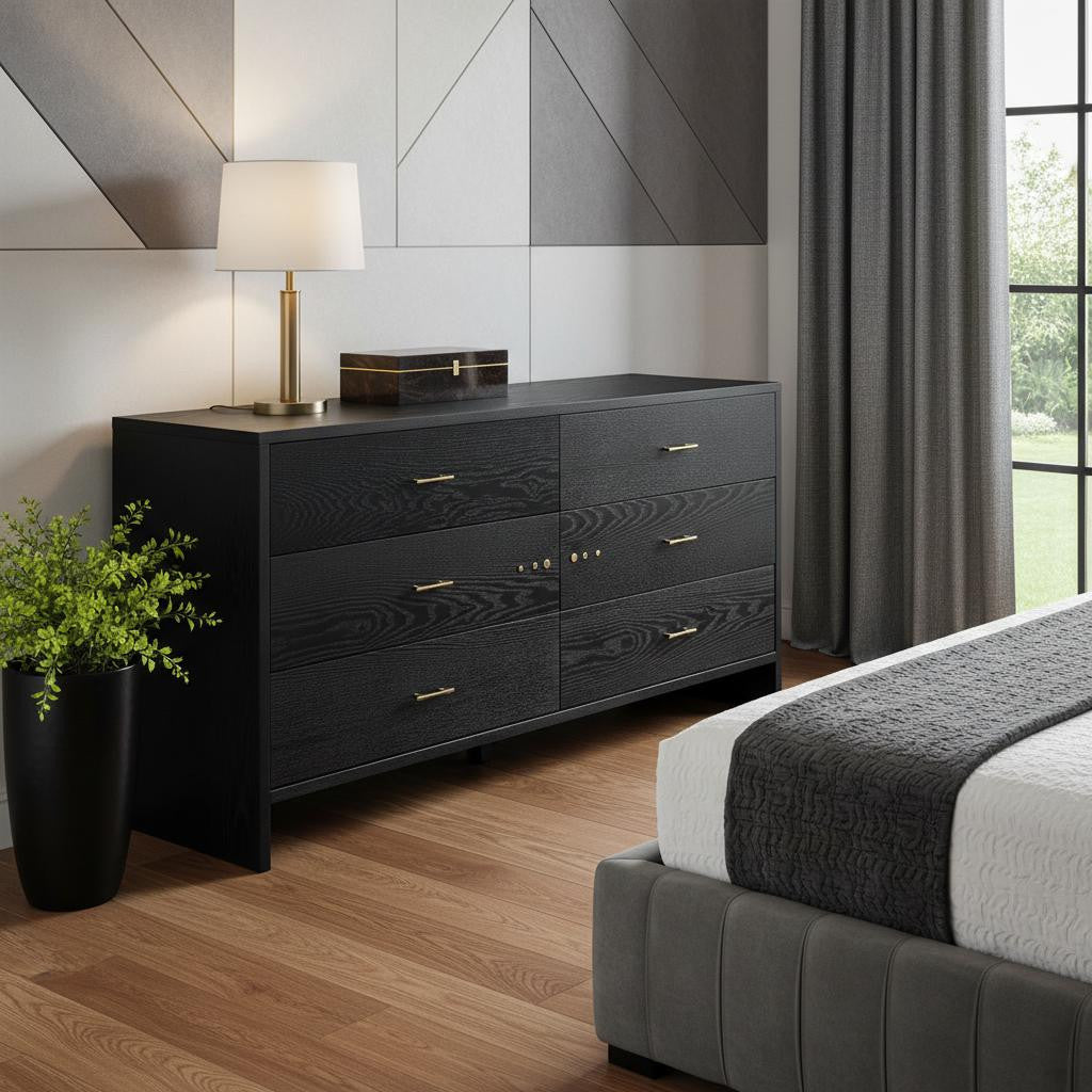 59" Grey Ash Manufactured Wood Six Drawer Double Dresser