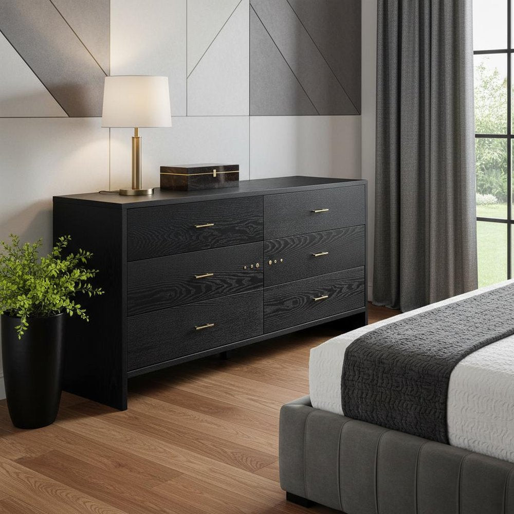 59" Grey Ash Manufactured Wood Six Drawer Double Dresser