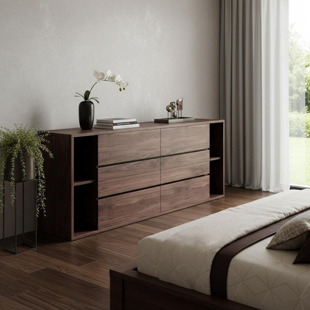 63" Walnut Solid Wood Six Drawer Double Dresser