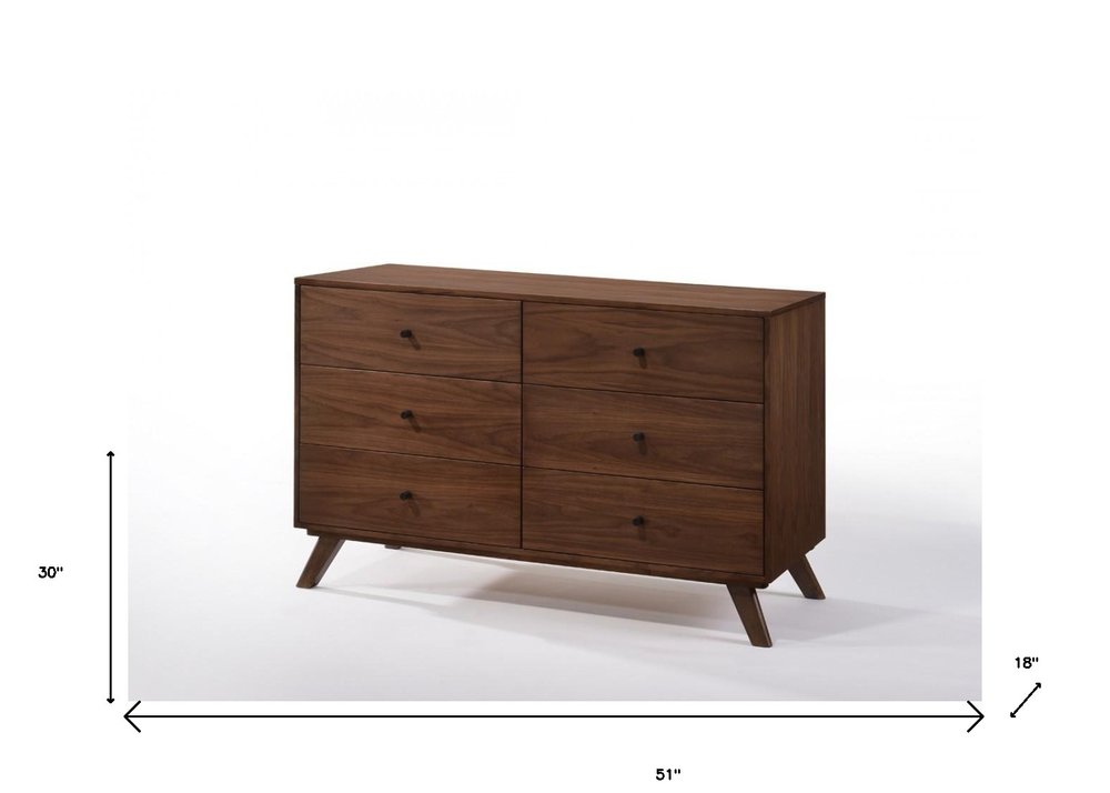 51" Walnut Solid Wood Six Drawer Double Dresser