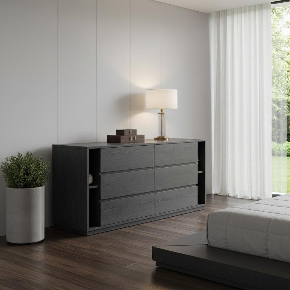 63" Grey Solid Wood Six Drawer Double Dresser