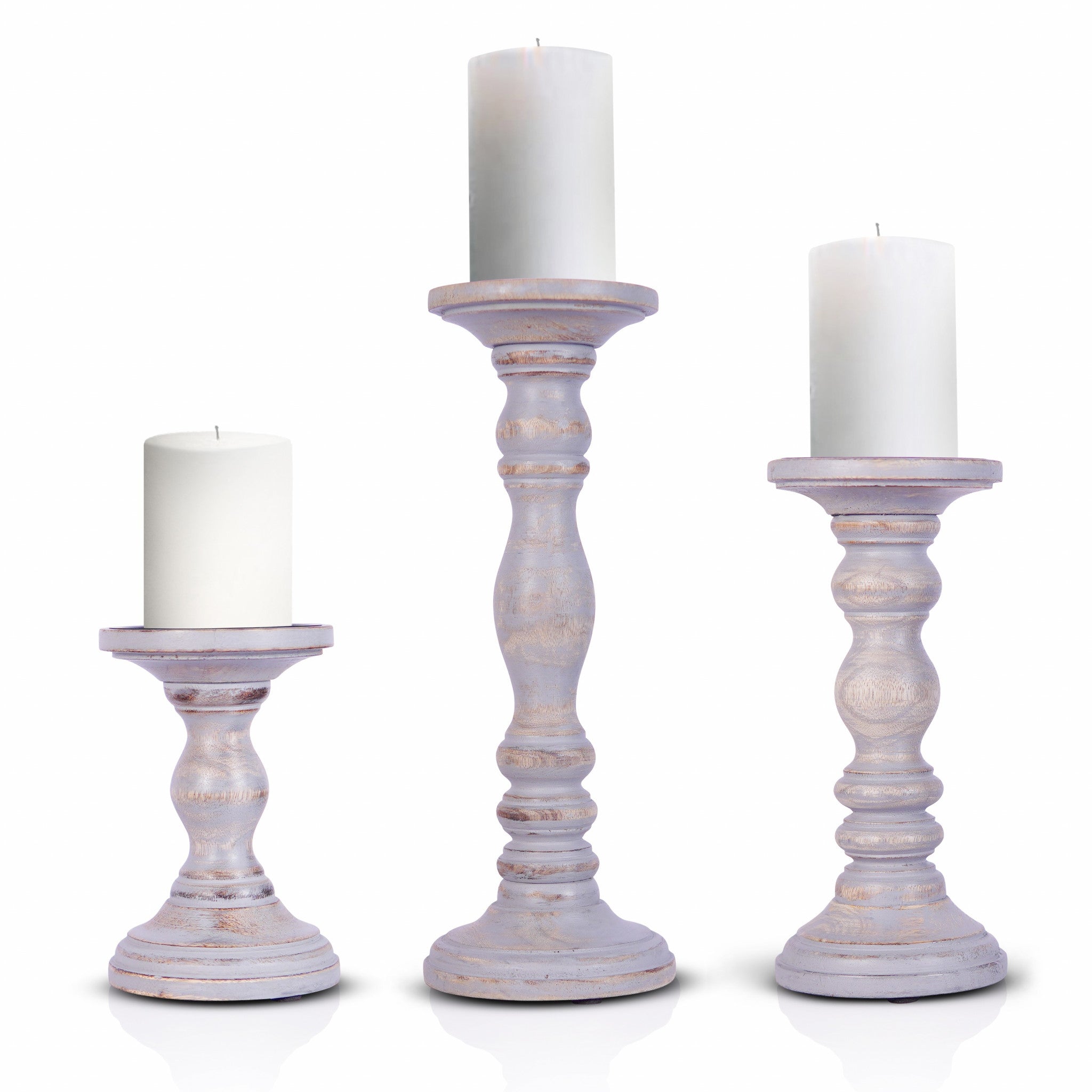 Set of Three Rustic Gray Genuine Wood Hand Carved Pillar Candle Holders