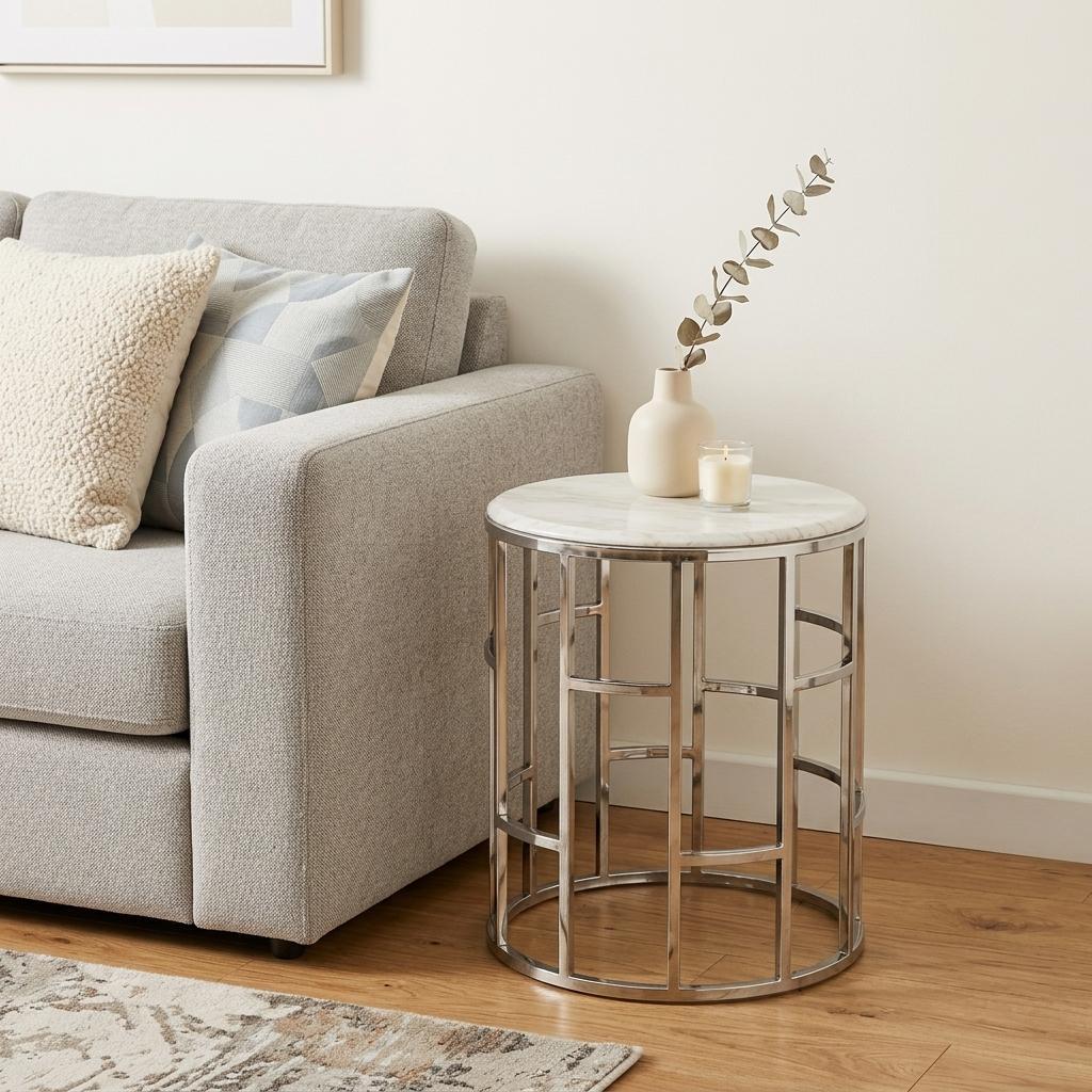 Stylish Silver And White Marble Round Geometric End or Side Table
