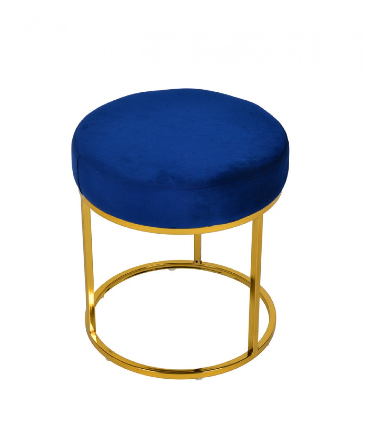 16" Blue Velvet And Gold Round Footstool Ottoman