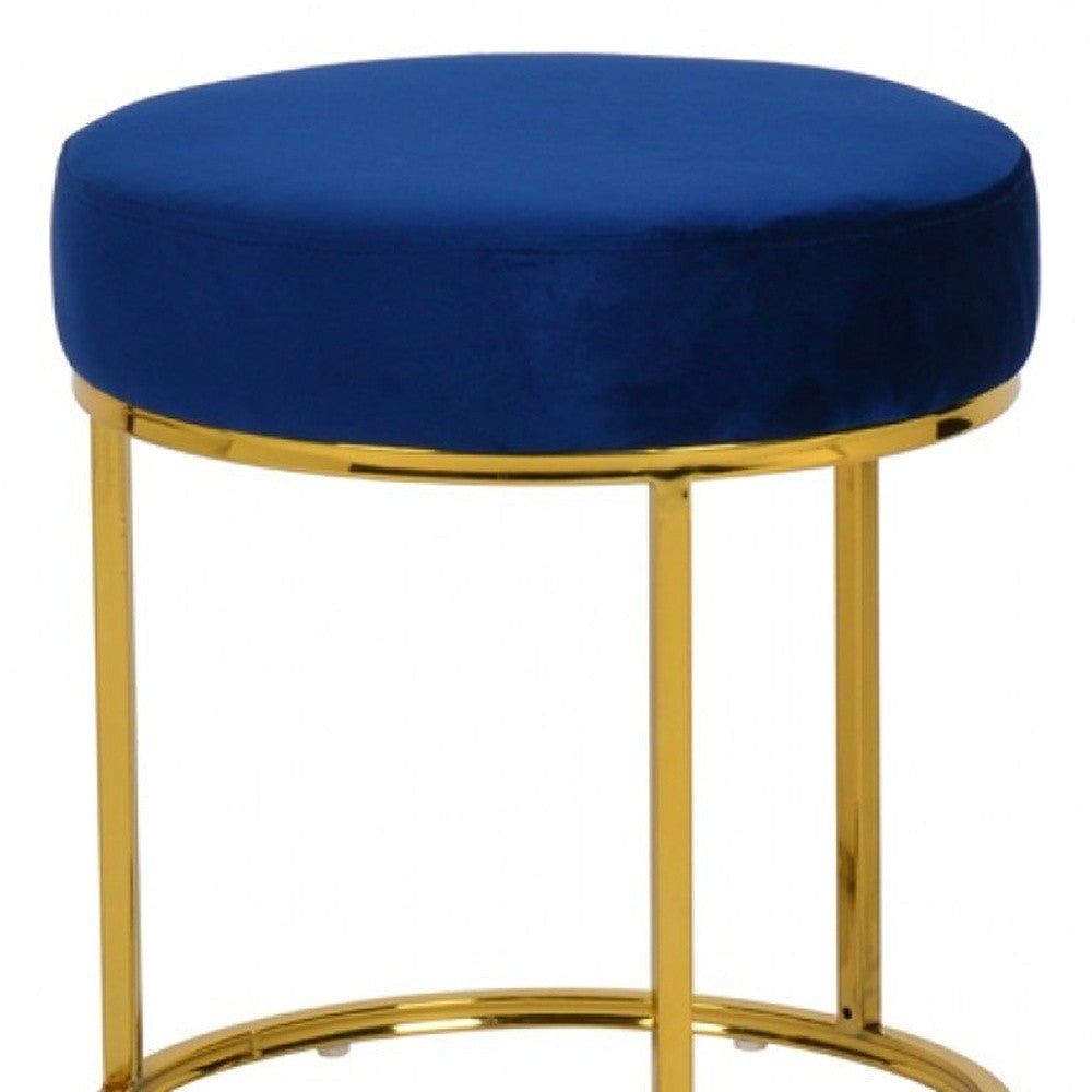 16" Blue Velvet And Gold Round Footstool Ottoman